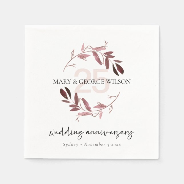 PINK PURPLE FOLIAGE WREATH ANY YEAR 25 ANNIVERSARY NAPKIN (Front)