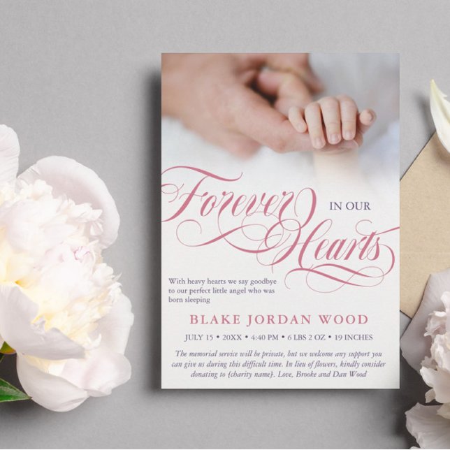 Pink Purple Forever In Our Hearts Baby Memorial Announcement (Creator Uploaded)