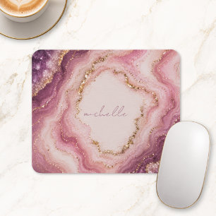 Pink Purple Geode Marble Gold Personalised Name Mouse Pad