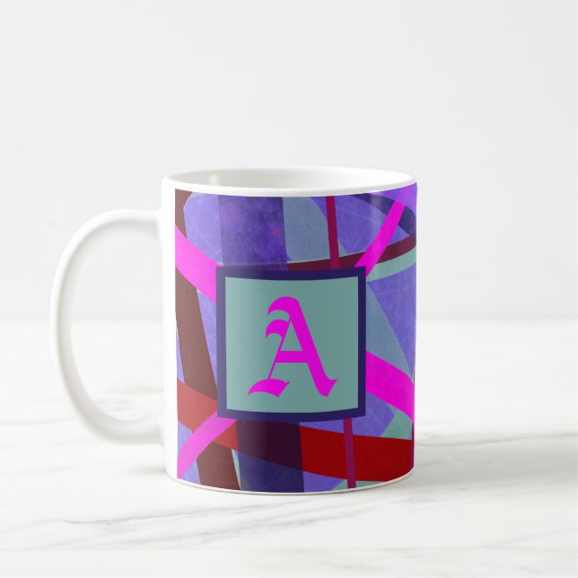 Pink & Purple Geometric Lines Pattern Monogram Coffee Mug (Left)