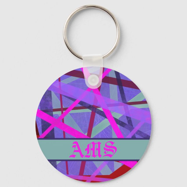 Pink & Purple Geometric Lines Pattern Monogram Key Ring (Front)