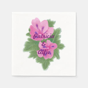 Pink Purple Geraniums Personalised Wedding Napkins