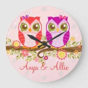 Pink & Purple Girl Owls - Custom Wall Clock