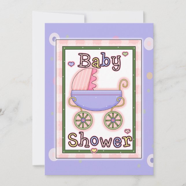 Pink Purple Girl's Baby Carriage Shower Invites (Front)