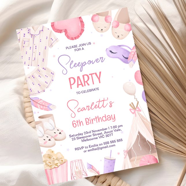 Pink Purple Girls Sleepover Party Birthday  Invitation (Purple Pink Sleepover Party Birthday Invitation For Girl Teepee Sleepover Themed Birthday Pajamas)