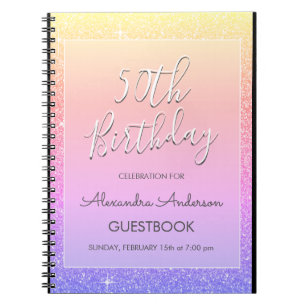 Pink Purple Glitter 50th Birthday Guestbook Notebook