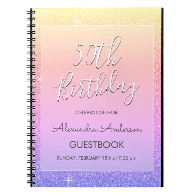Pink Purple Glitter 50th Birthday Guestbook Notebook (Front)