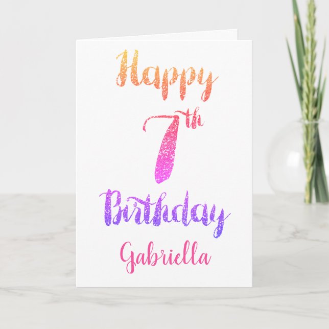 Pink Purple Glitter 7th Birthday Card (Front)