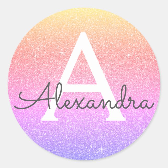 Pink - Purple Glitter and Sparkle Monogram Classic Round Sticker (Front)