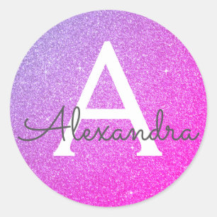 Pink - Purple Glitter and Sparkle Monogram Classic Round Sticker