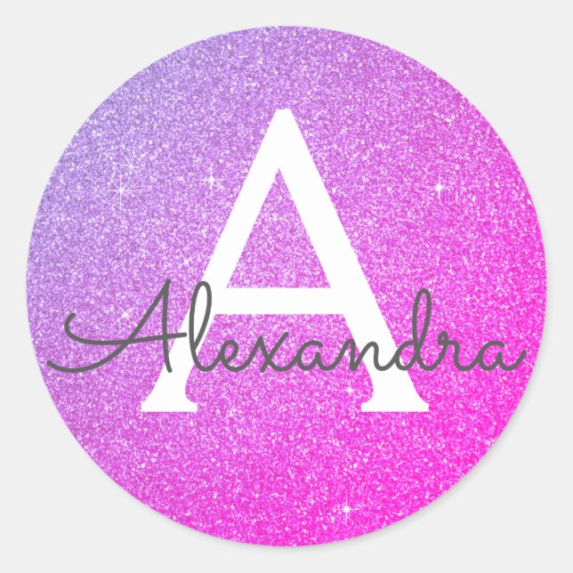 Pink - Purple Glitter and Sparkle Monogram Classic Round Sticker (Front)