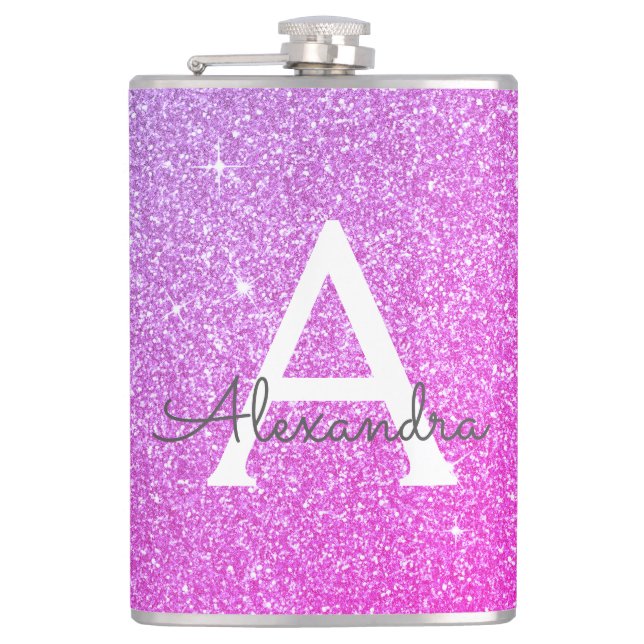Pink Purple Glitter and Sparkle Monogram Hip Flask (Front)