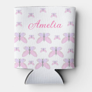 Pink purple glitter butterfly add name text letter can cooler