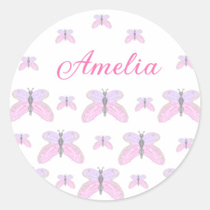 Pink purple glitter butterfly add name text letter classic round sticker