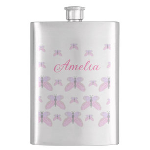 Pink purple glitter butterfly add name text letter hip flask