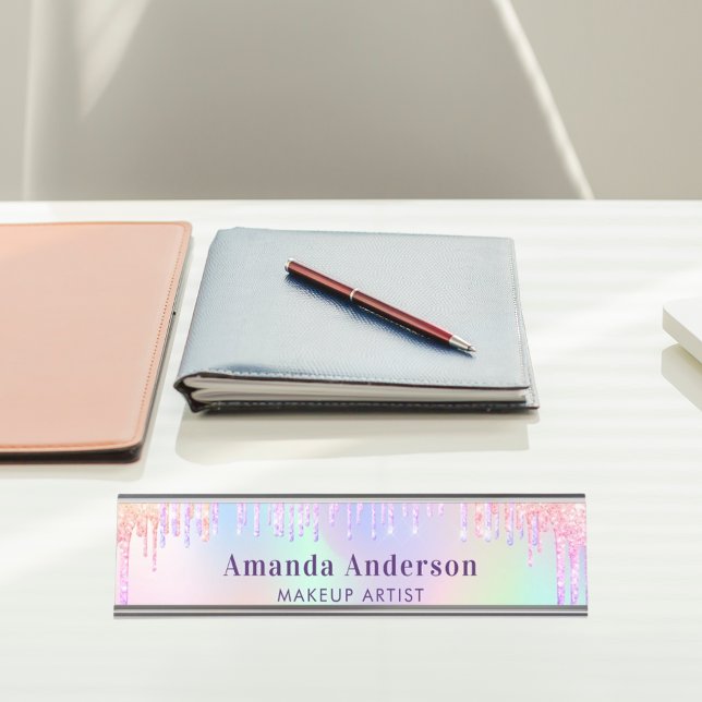 Pink purple glitter drips holographic desk name plate (Creator Uploaded)