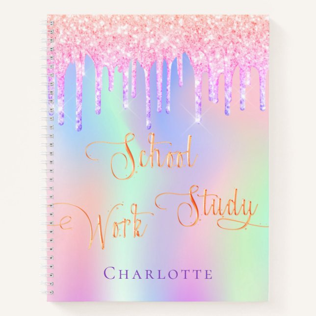 Pink purple glitter drips holographic school notebook (Front)