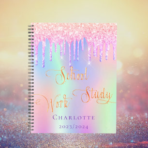Pink purple glitter drips holographic school planner