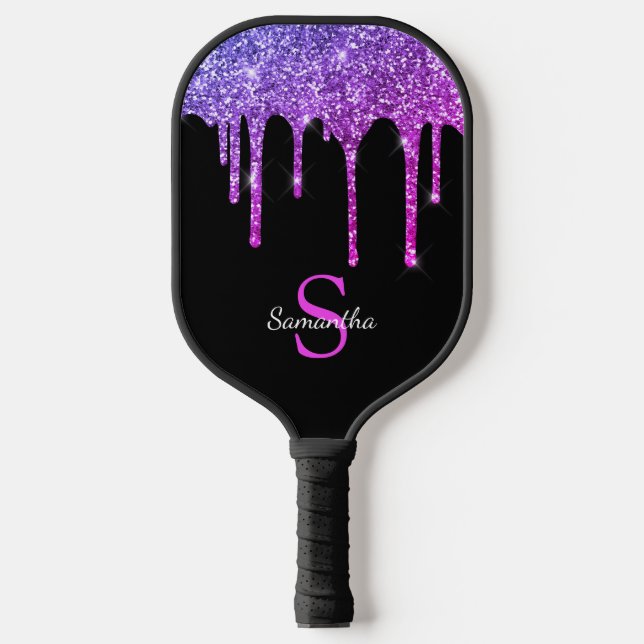 Pink Purple Glitter Drips Sparkle Monogram Name Pickleball Paddle (Front)