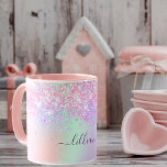Pink purple glitter dust holographic name script mug<br><div class="desc">A trendy holographic background with unicorn and rainbow pastel colours in pink, purple, rose gold, mint green. Decorated with faux glitter dust. Personalise and add a name, written with a modern hand lettered style script with swashes. Purple coloured letters. To keep the swashes only delete the sample name, leave the...</div>