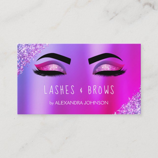 Pink Purple Glitter Eyelashes Lashes Brows Business Card (Front)