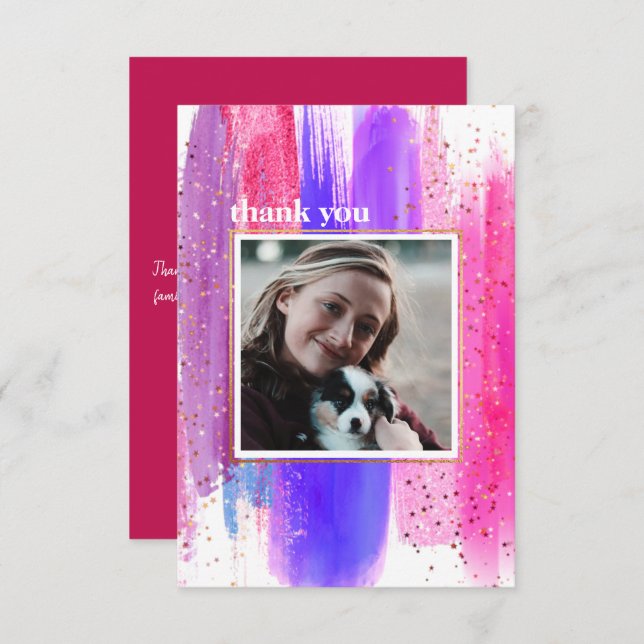 Pink & Purple Glitter Graduation Thank You Card (Front/Back)
