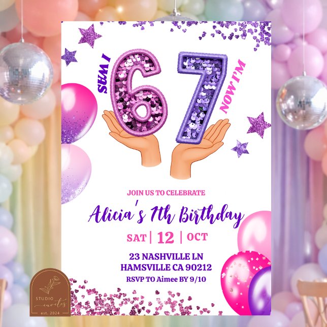 Pink Purple Glitter hand 67 Birthday Party Invitation (Creator Uploaded)