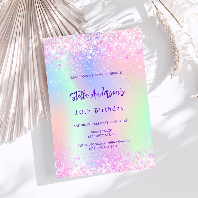 Pink purple glitter holographic 10th birthday invitation (Creator Uploaded)