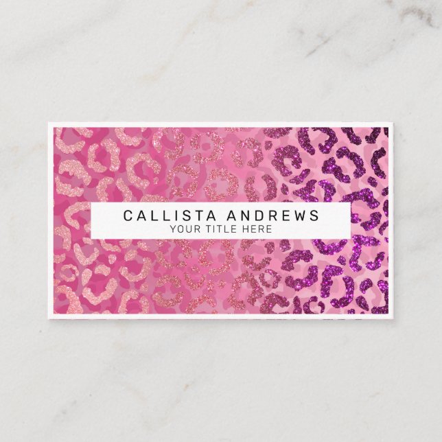 Pink Purple Glitter Leopard Animal Print Monogram Business Card (Front)