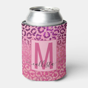 Pink Purple Glitter Leopard Animal Print Monogram Can Cooler