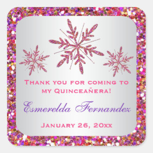 Pink, Purple Glitter LOOK Snowflakes Favour Square Sticker