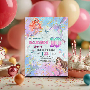 Pink Purple Glitter Mermaids 10th Birthday Party Invitation