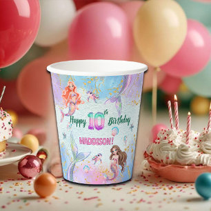 Pink Purple Glitter Mermaids 10th Birthday Party Paper Cups