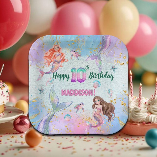 Pink Purple Glitter Mermaids 10th Birthday Party Paper Plate (Creator Uploaded)