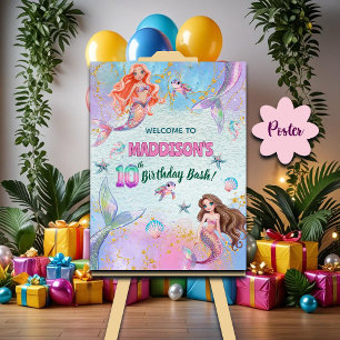 Pink Purple Glitter Mermaids 10th Birthday Welcome Poster