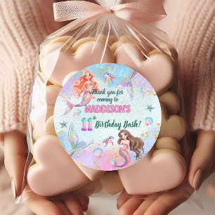Pink Purple Glitter Mermaids 11th Birthday Party Classic Round Sticker