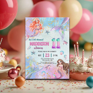 Pink Purple Glitter Mermaids 11th Birthday Party Invitation