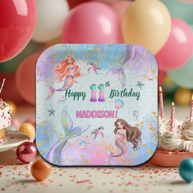 Pink Purple Glitter Mermaids 11th Birthday Party Paper Plate (Creator Uploaded)