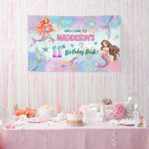 Pink Purple Glitter Mermaids 11th Birthday Welcome Banner