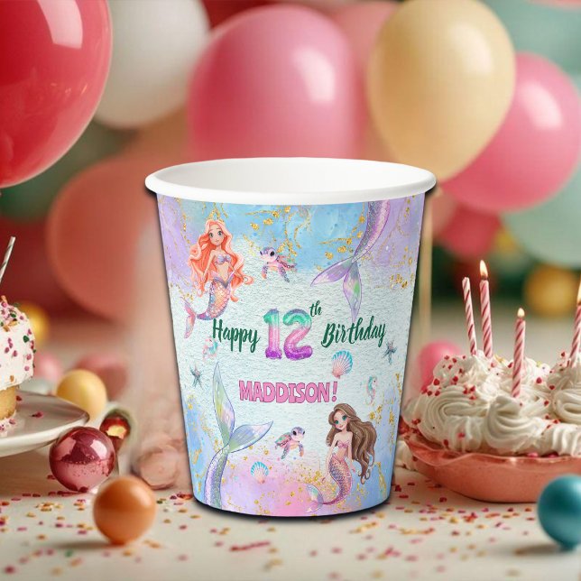 Pink Purple Glitter Mermaids 12th Birthday Party Paper Cups (Creator Uploaded)