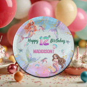 Pink Purple Glitter Mermaids 12th Birthday Party Paper Plate