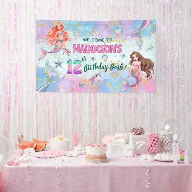 Pink Purple Glitter Mermaids 12th Birthday Welcome Banner (Party)