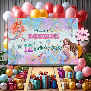 Pink Purple Glitter Mermaids 12th Birthday Welcome Poster