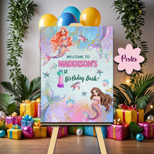 Pink Purple Glitter Mermaids 1st Birthday Welcome  Poster