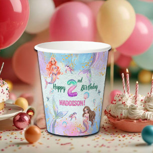 Pink Purple Glitter Mermaids 2nd Birthday Party Paper Cups