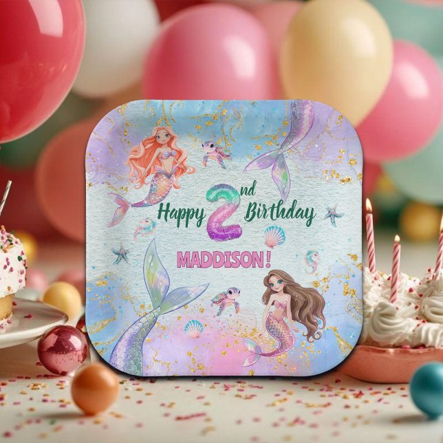 Pink Purple Glitter Mermaids 2nd Birthday Party Paper Plate (Creator Uploaded)