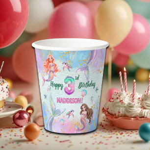 Pink Purple Glitter Mermaids 3rd Birthday Party Paper Cups