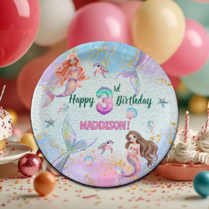 Pink Purple Glitter Mermaids 3rd Birthday Party Paper Plate