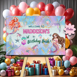 Pink Purple Glitter Mermaids 3rd Birthday Welcome Poster