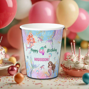 Pink Purple Glitter Mermaids 4th Birthday Party Paper Cups